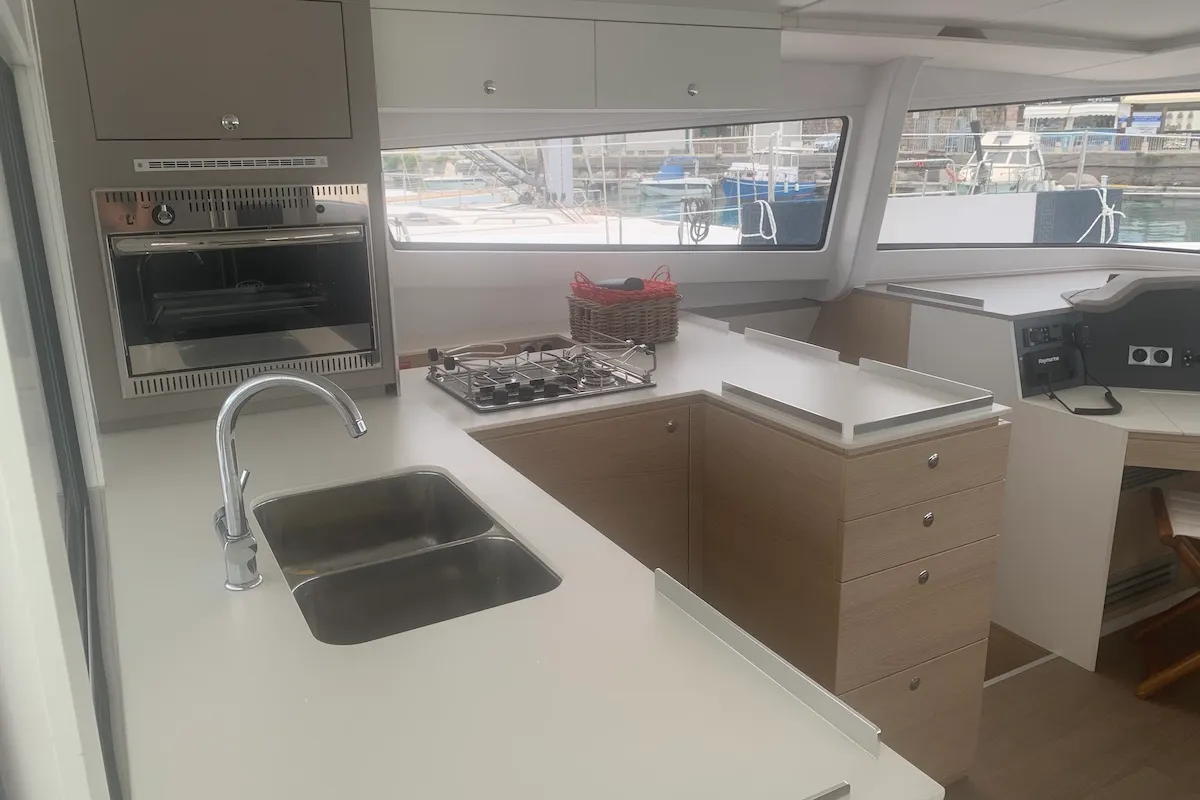Galley of Sadalbari, a Bali 4.5 FLY catamaran at Salerno, Italy