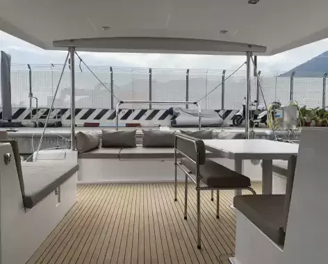 Deck of Sadalbari, a Bali 4.5 FLY catamaran at Salerno, Italy