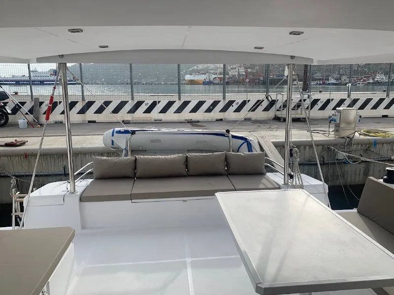 Deck of Sadalbari, a Bali 4.5 FLY catamaran at Salerno, Italy
