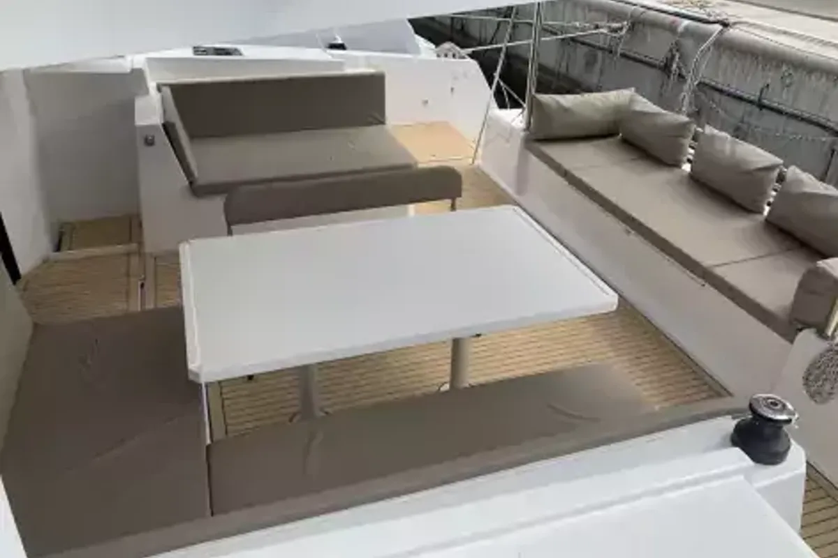 Deck of Sadalbari, a Bali 4.5 FLY catamaran at Salerno, Italy