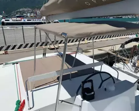 Cockpit of Sadalbari, a Bali 4.5 FLY catamaran at Salerno, Italy