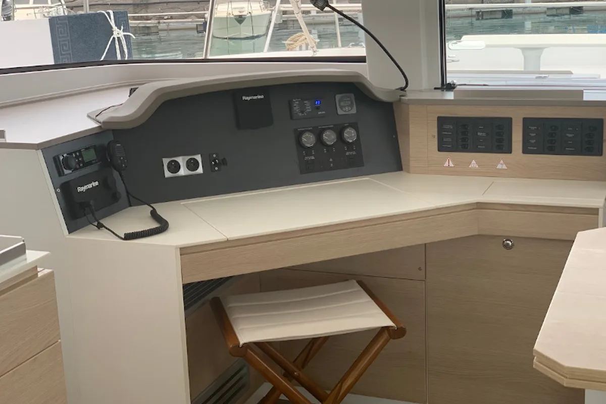 Salon of Sadalbari, a Bali 4.5 FLY catamaran at Salerno, Italy