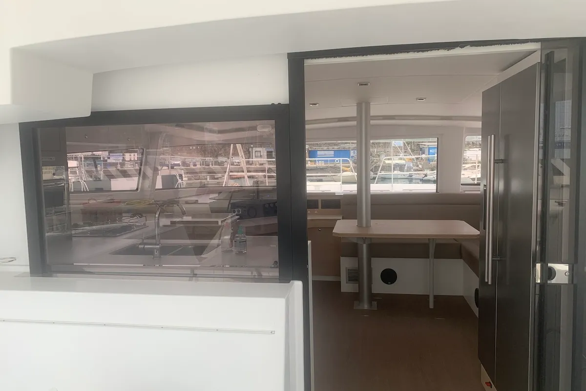 Salon of Sadalbari, a Bali 4.5 FLY catamaran at Salerno, Italy