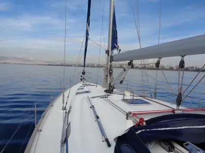 Deck of Leonidas, a Bavaria 50 Cruiser sailboat at Athens, Greece