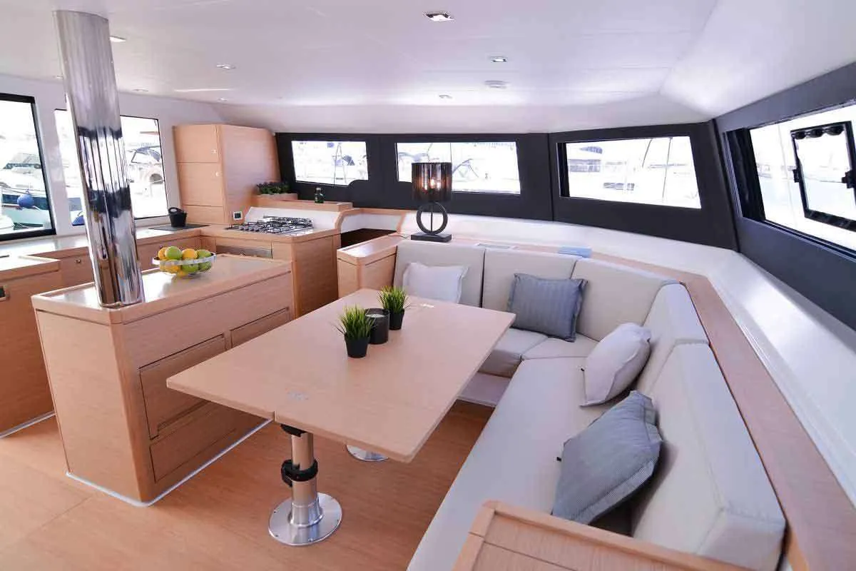Salon of Jovy, a Dufour 48 Catamaran catamaran at Capo d'Orlando, Italy