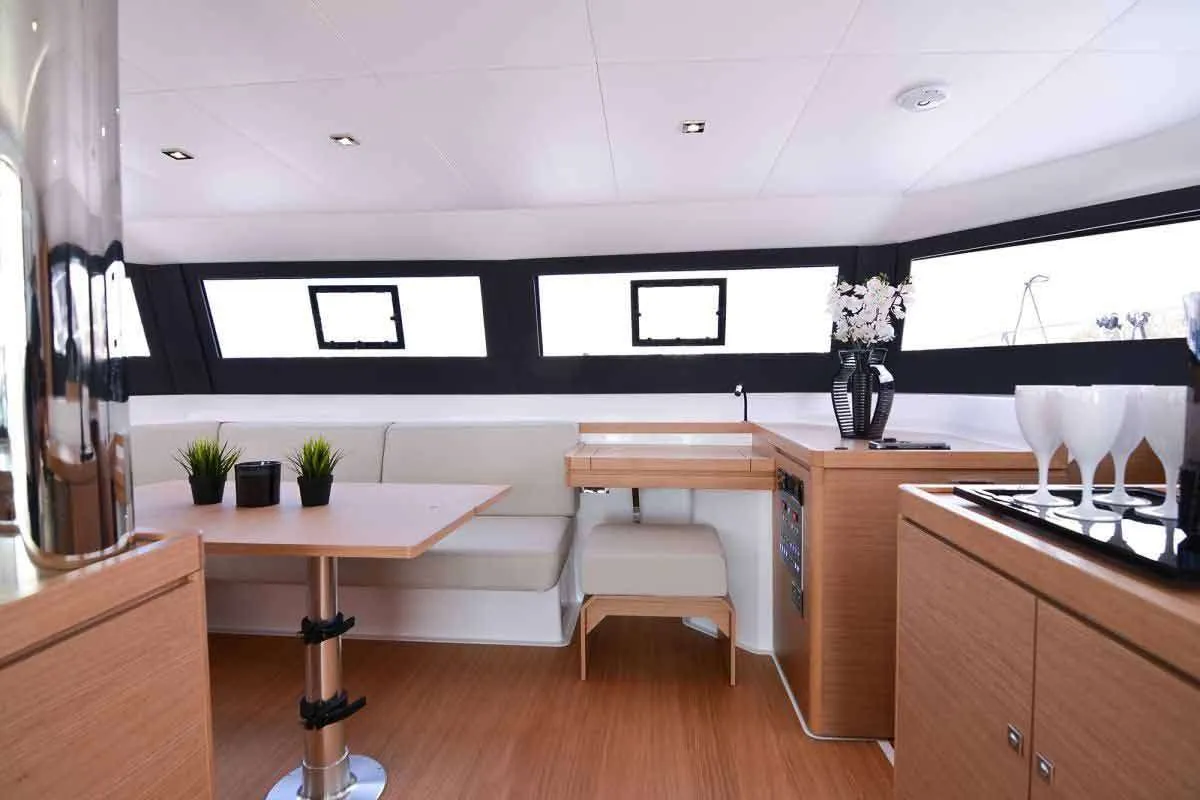 Salon of Jovy, a Dufour 48 Catamaran catamaran at Capo d'Orlando, Italy
