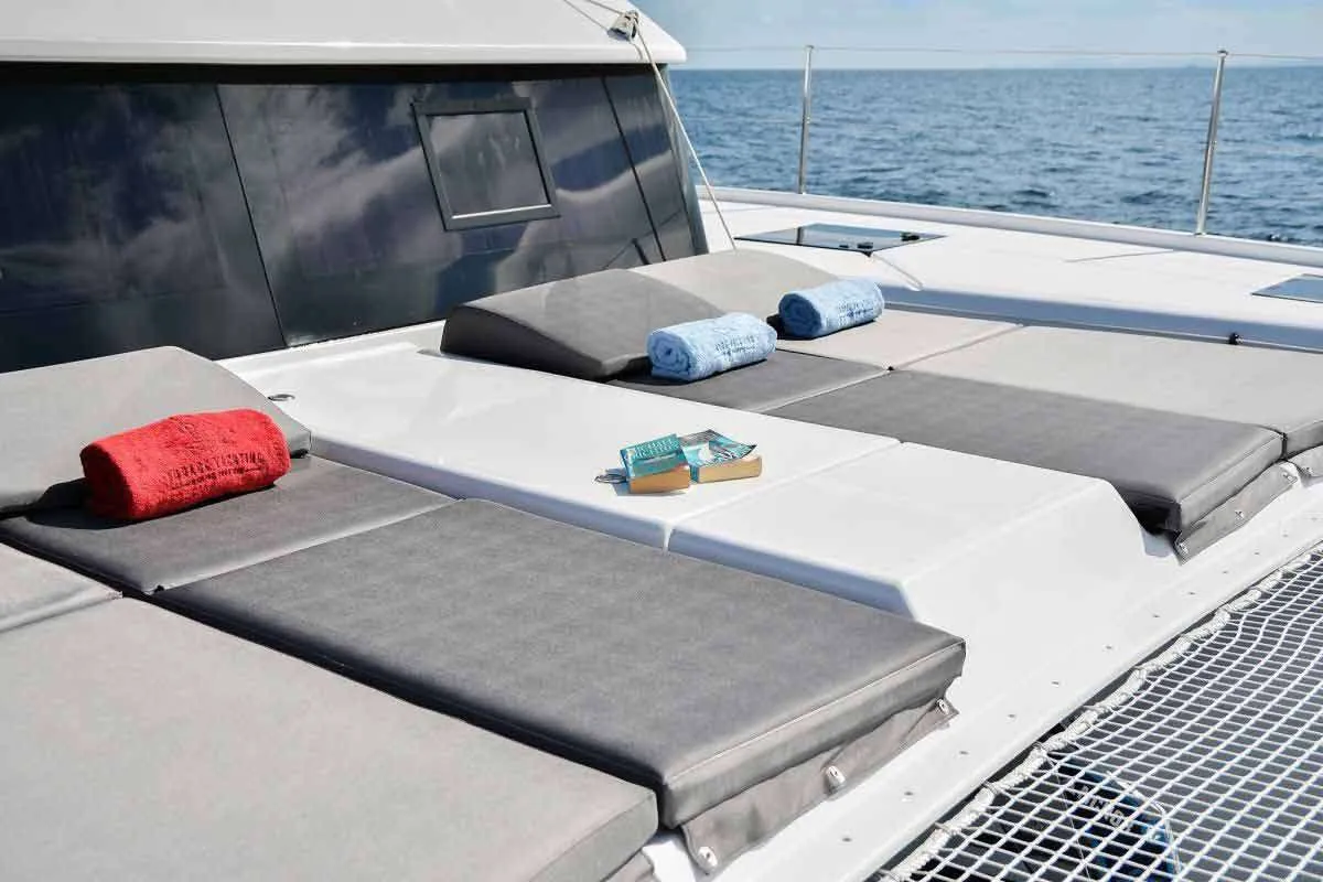 Deck of Jovy, a Dufour 48 Catamaran catamaran at Capo d'Orlando, Italy