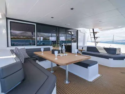 Deck of Jovy, a Dufour 48 Catamaran catamaran at Capo d'Orlando, Italy