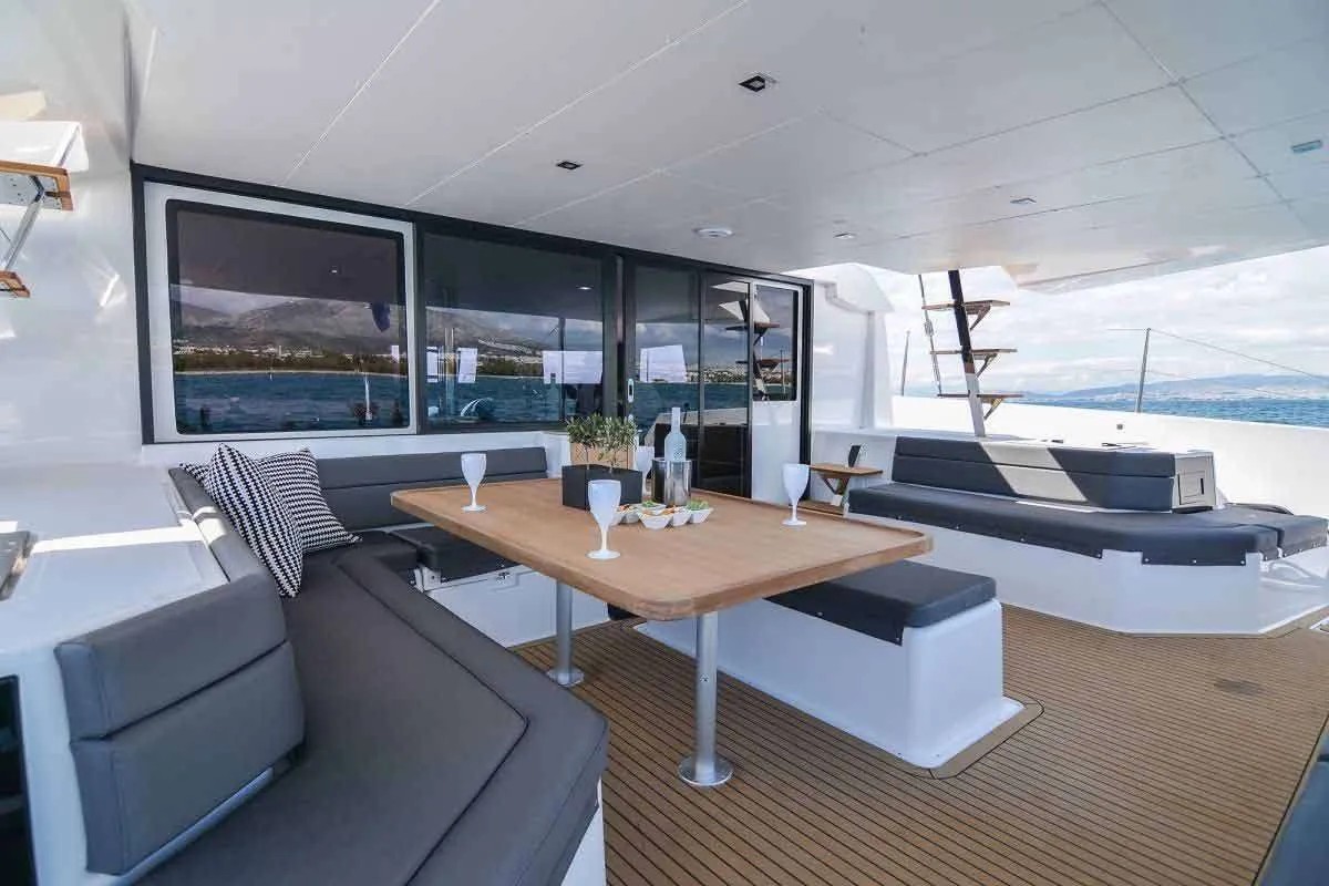 Deck of Jovy, a Dufour 48 Catamaran catamaran at Capo d'Orlando, Italy