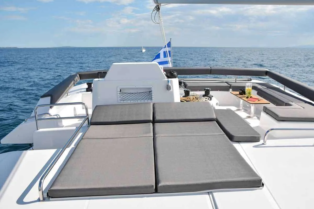 Deck of Jovy, a Dufour 48 Catamaran catamaran at Capo d'Orlando, Italy