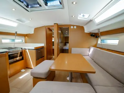 Salon of Kalm, a Jeanneau Sun Odyssey 490 sailboat at Municipal Unit of Lefkada, Greece