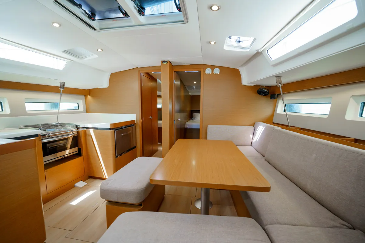 Salon of Kalm, a Jeanneau Sun Odyssey 490 sailboat at Municipal Unit of Lefkada, Greece