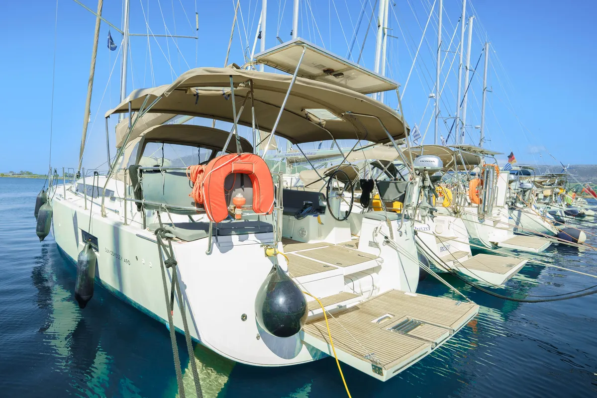 Exterior view of Kalm, a Jeanneau Sun Odyssey 490 sailboat at Municipal Unit of Lefkada, Greece