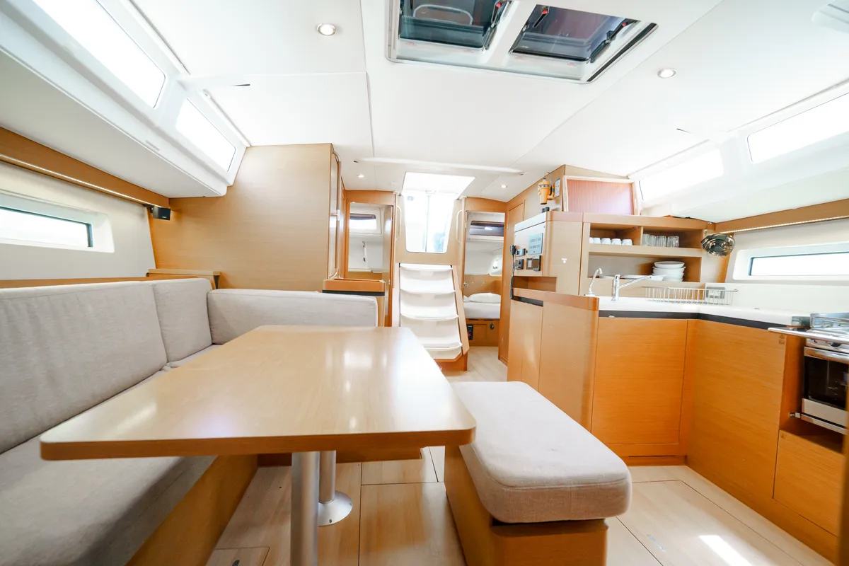 Salon of Kalm, a Jeanneau Sun Odyssey 490 sailboat at Municipal Unit of Lefkada, Greece
