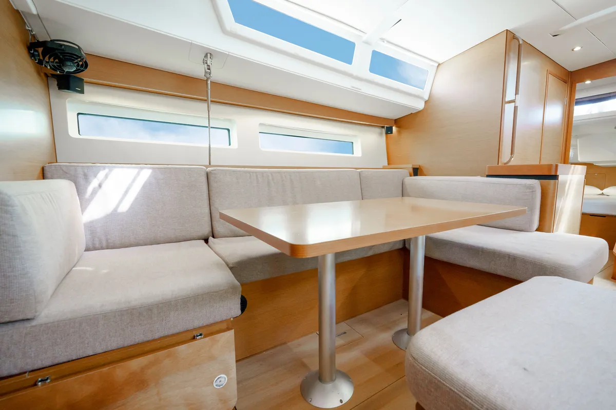 Salon of Kalm, a Jeanneau Sun Odyssey 490 sailboat at Municipal Unit of Lefkada, Greece