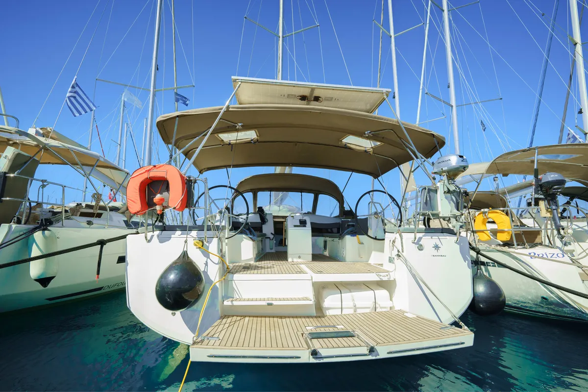 Exterior view of Kalm, a Jeanneau Sun Odyssey 490 sailboat at Municipal Unit of Lefkada, Greece