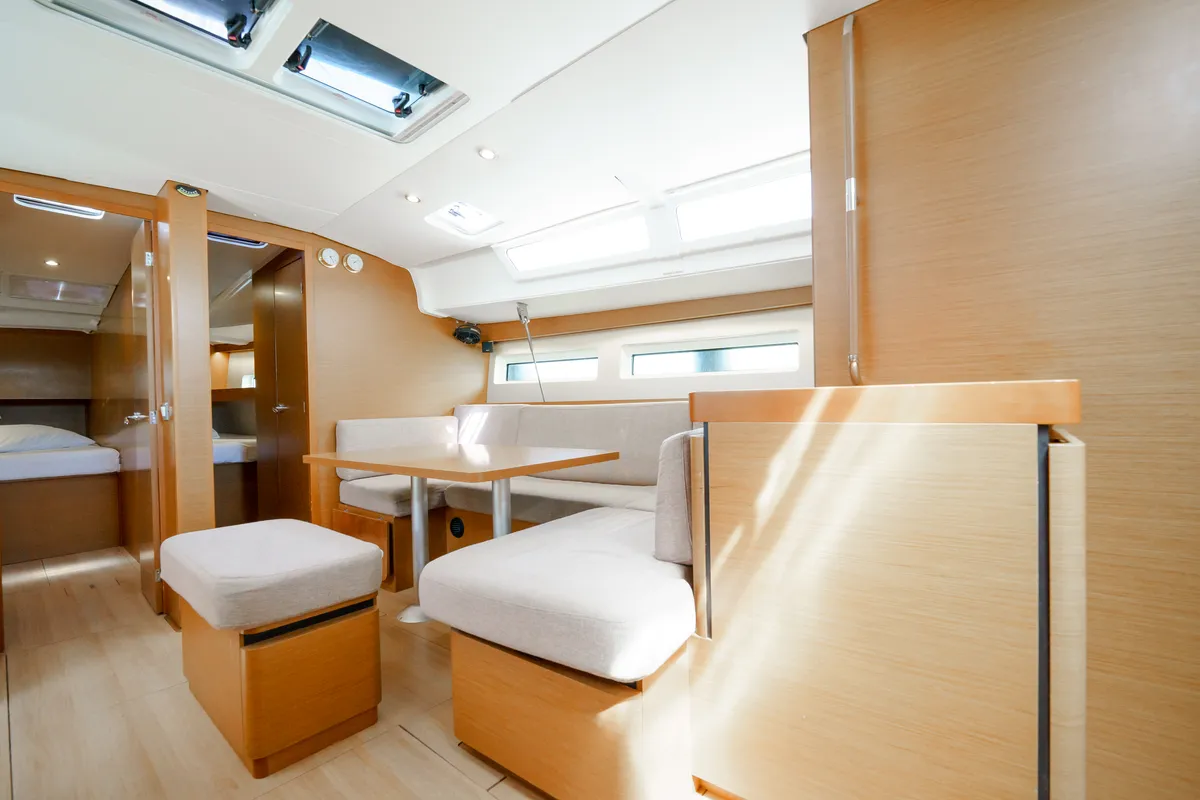 Salon of Kalm, a Jeanneau Sun Odyssey 490 sailboat at Municipal Unit of Lefkada, Greece