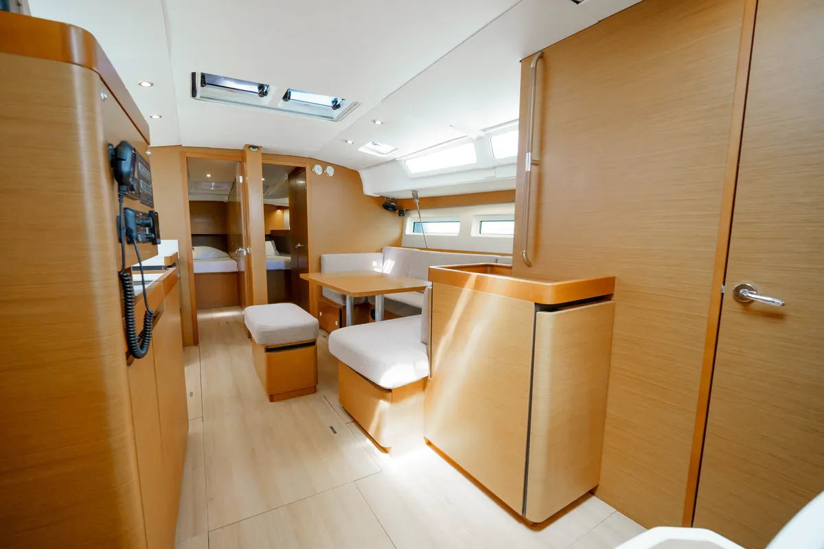 Salon of Kalm, a Jeanneau Sun Odyssey 490 sailboat at Municipal Unit of Lefkada, Greece