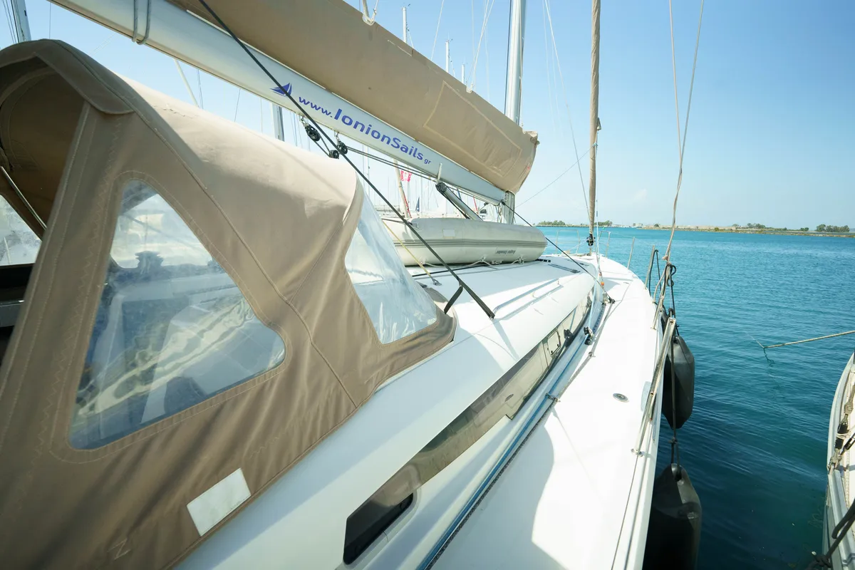 Exterior view of Kalm, a Jeanneau Sun Odyssey 490 sailboat at Municipal Unit of Lefkada, Greece