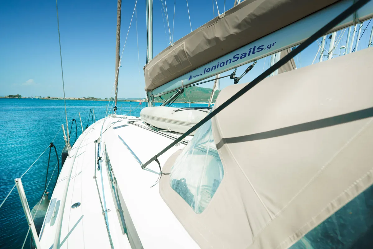 Exterior view of Kalm, a Jeanneau Sun Odyssey 490 sailboat at Municipal Unit of Lefkada, Greece