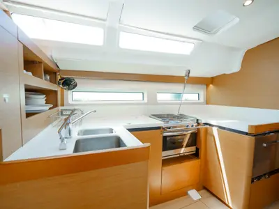 Galley of Kalm, a Jeanneau Sun Odyssey 490 sailboat at Municipal Unit of Lefkada, Greece