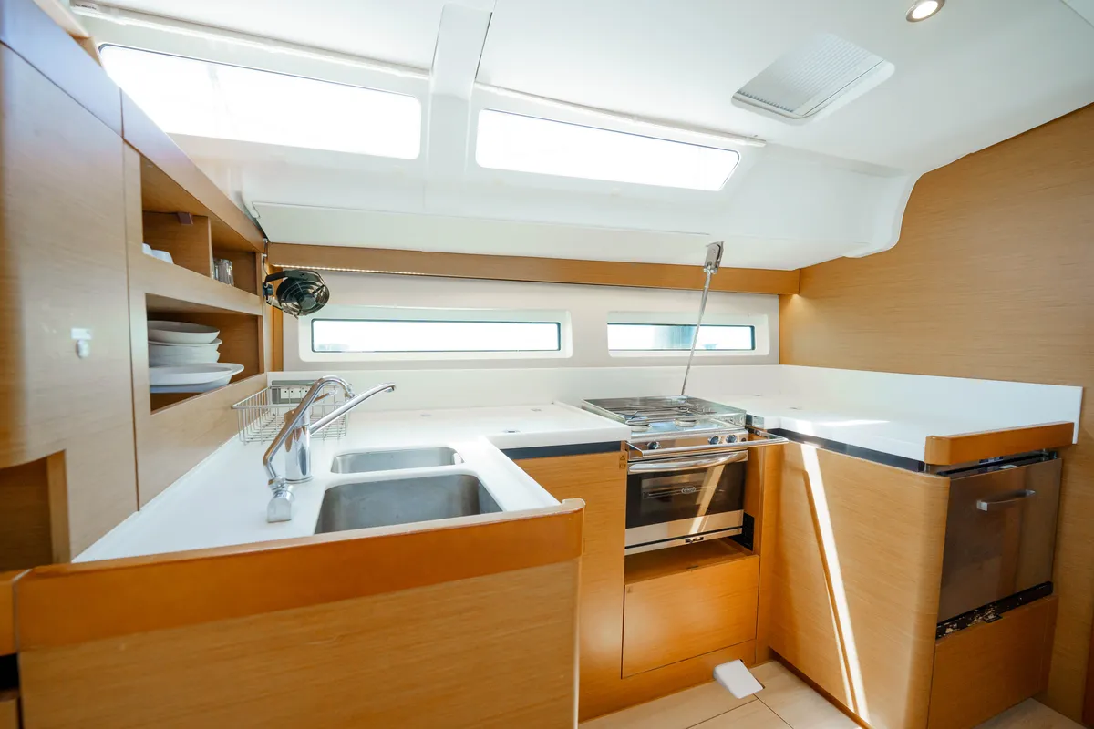 Galley of Kalm, a Jeanneau Sun Odyssey 490 sailboat at Municipal Unit of Lefkada, Greece
