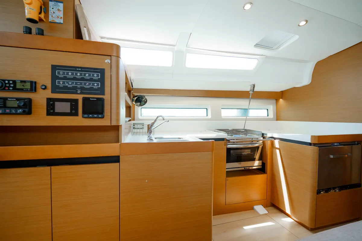 Galley of Kalm, a Jeanneau Sun Odyssey 490 sailboat at Municipal Unit of Lefkada, Greece