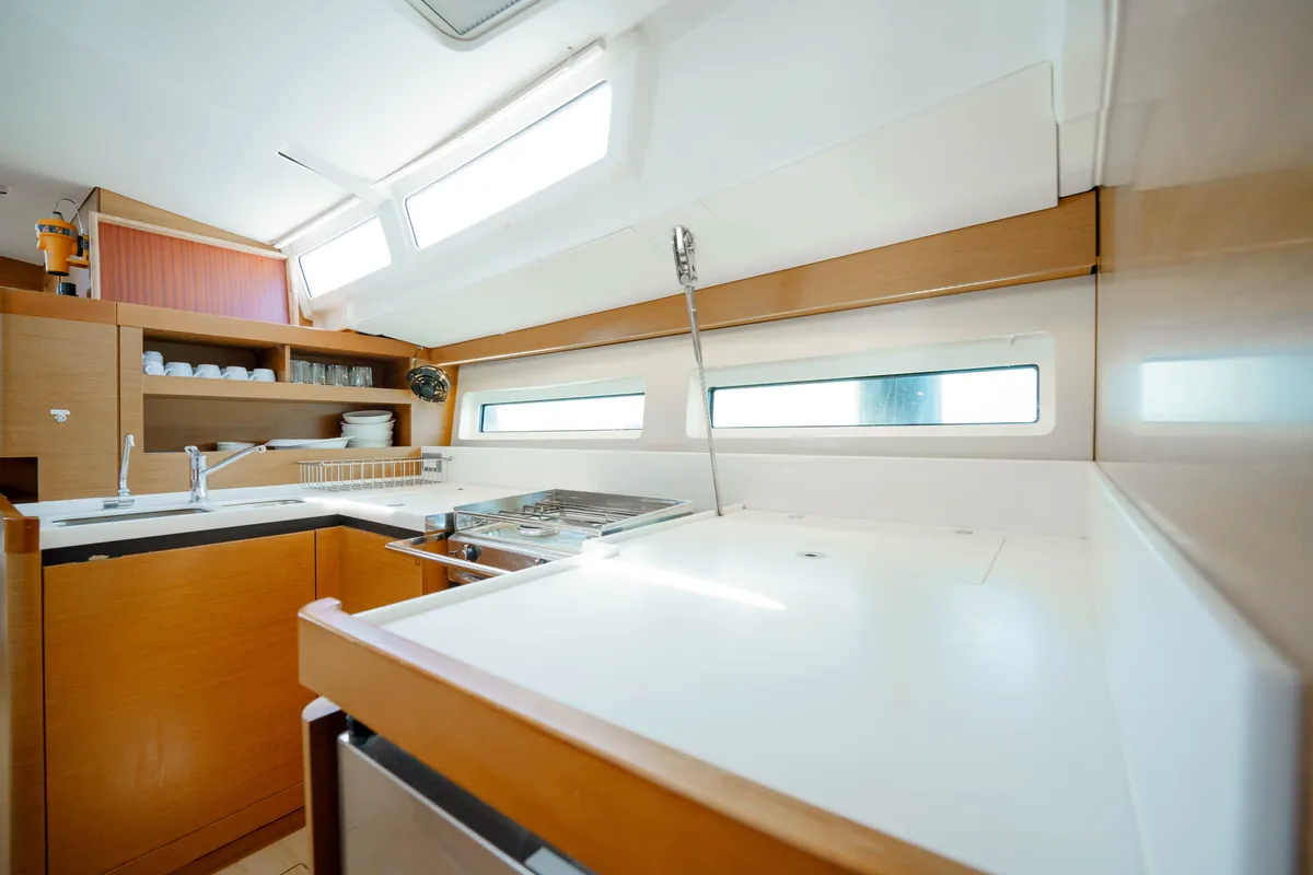 Galley of Kalm, a Jeanneau Sun Odyssey 490 sailboat at Municipal Unit of Lefkada, Greece