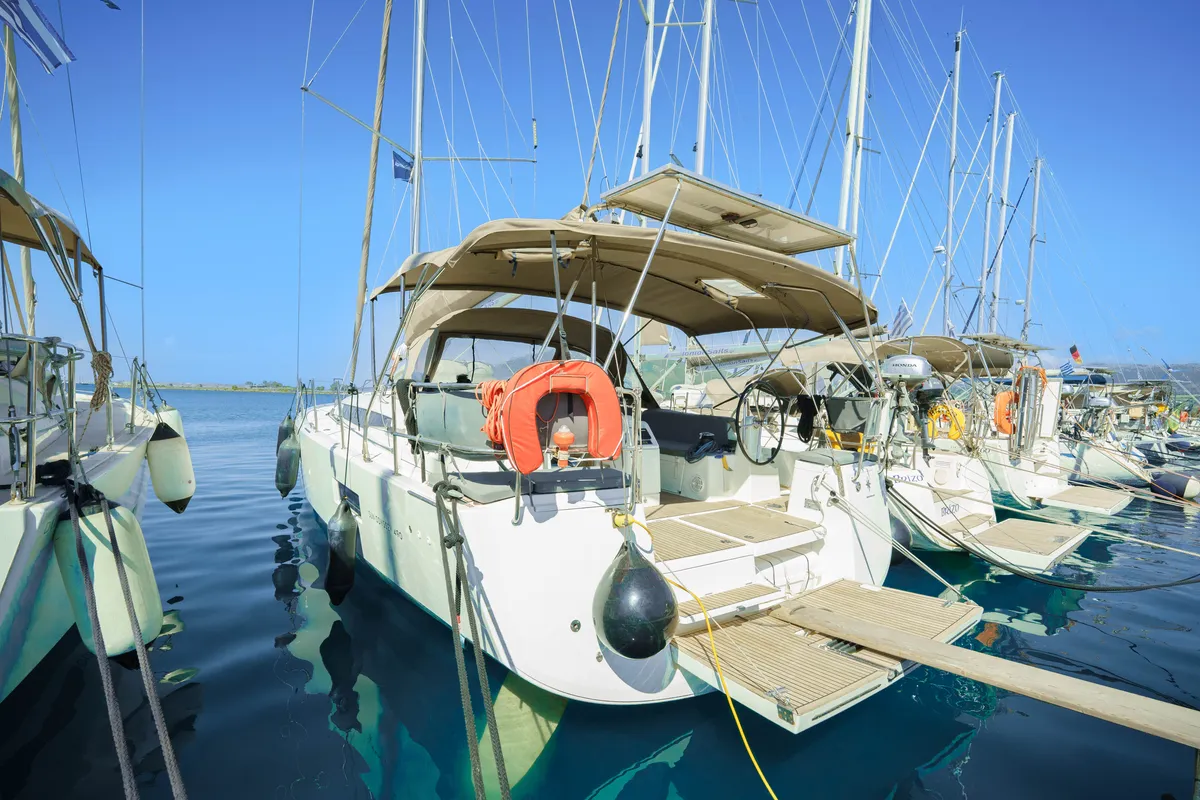 Exterior view of Kalm, a Jeanneau Sun Odyssey 490 sailboat at Municipal Unit of Lefkada, Greece