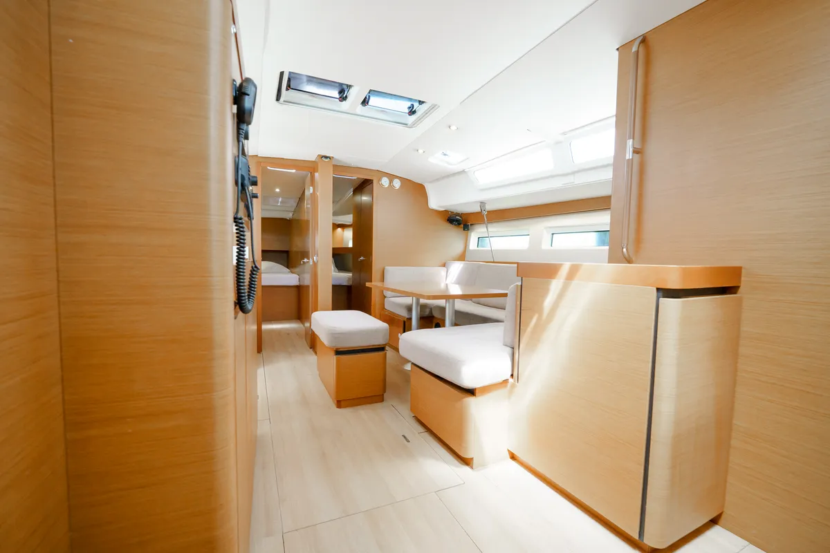 Salon of Kalm, a Jeanneau Sun Odyssey 490 sailboat at Municipal Unit of Lefkada, Greece
