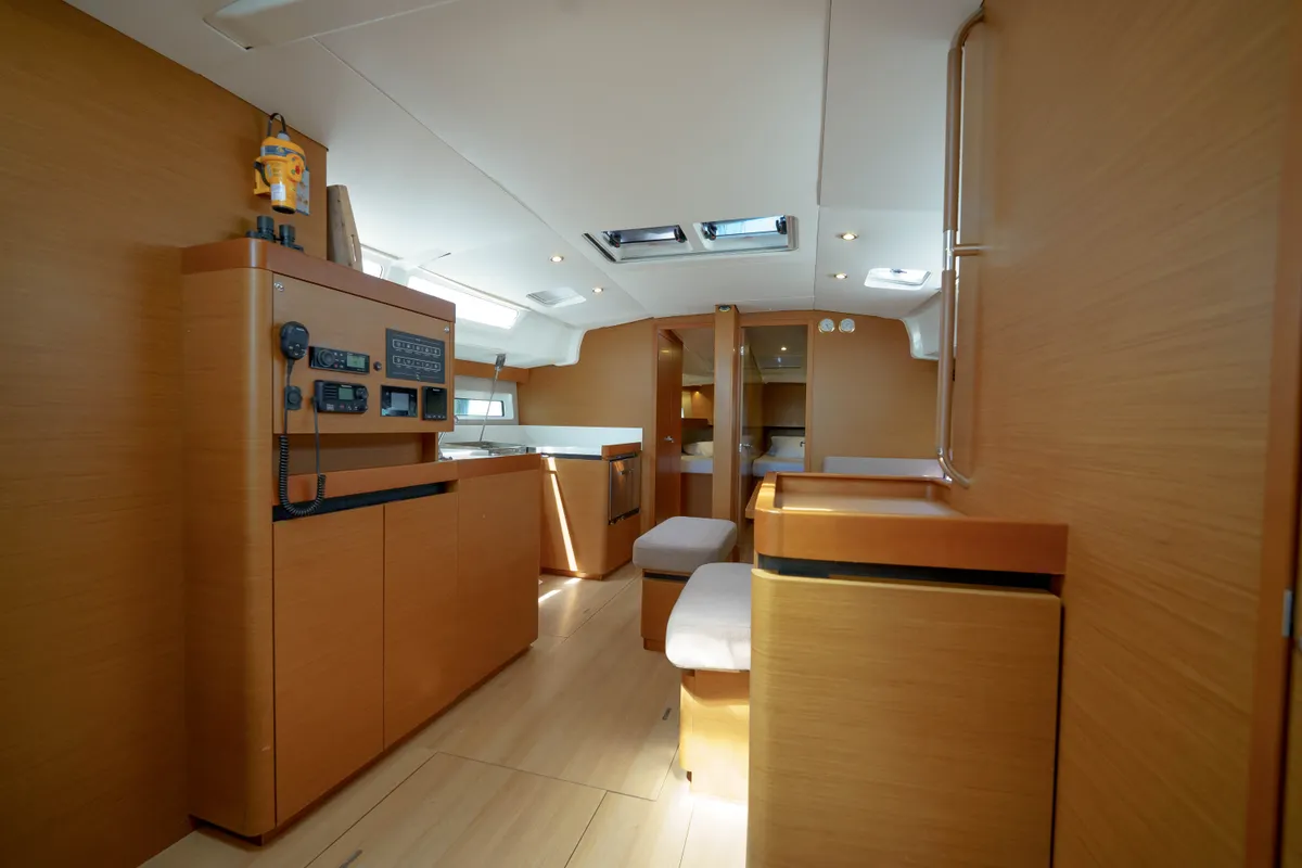 Salon of Kalm, a Jeanneau Sun Odyssey 490 sailboat at Municipal Unit of Lefkada, Greece
