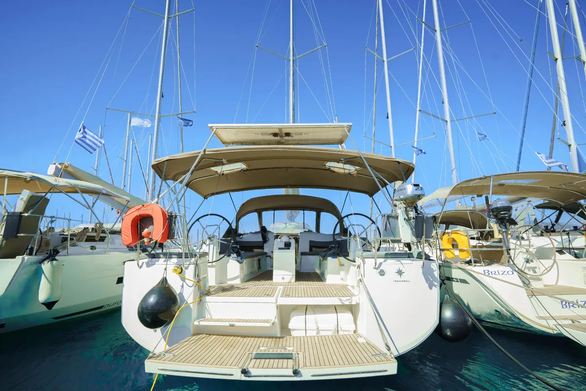 Exterior view of Kalm, a Jeanneau Sun Odyssey 490 sailboat at Municipal Unit of Lefkada, Greece