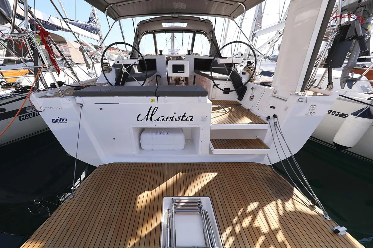 Cockpit of Marista, a Dufour 430 sailboat at Jezera, Croatia