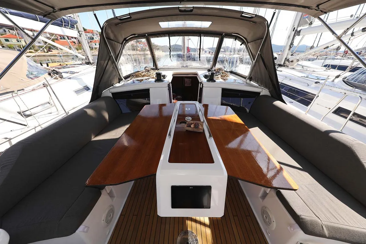 Deck of Marista, a Dufour 430 sailboat at Jezera, Croatia