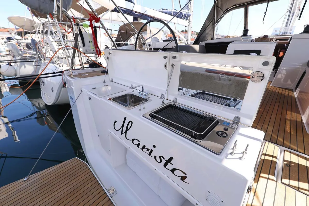 Deck of Marista, a Dufour 430 sailboat at Jezera, Croatia