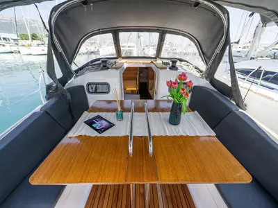 Deck of Tonka, a Elan Impression 40.1 sailboat at Kaštela, Croatia