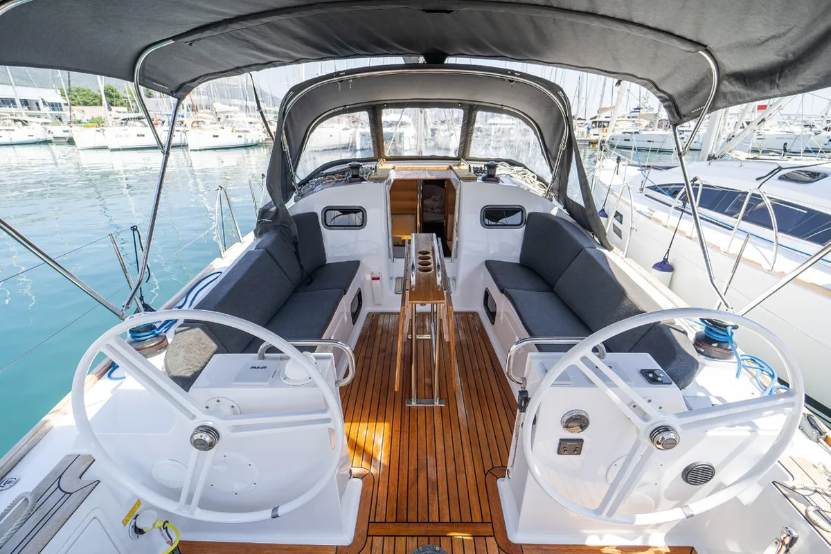 Cockpit of Tonka, a Elan Impression 40.1 sailboat at Kaštela, Croatia