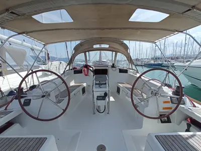 Cockpit of AF-SO439, a Jeanneau Sun Odyssey 439 sailboat at Municipal Unit of Lefkada, Greece