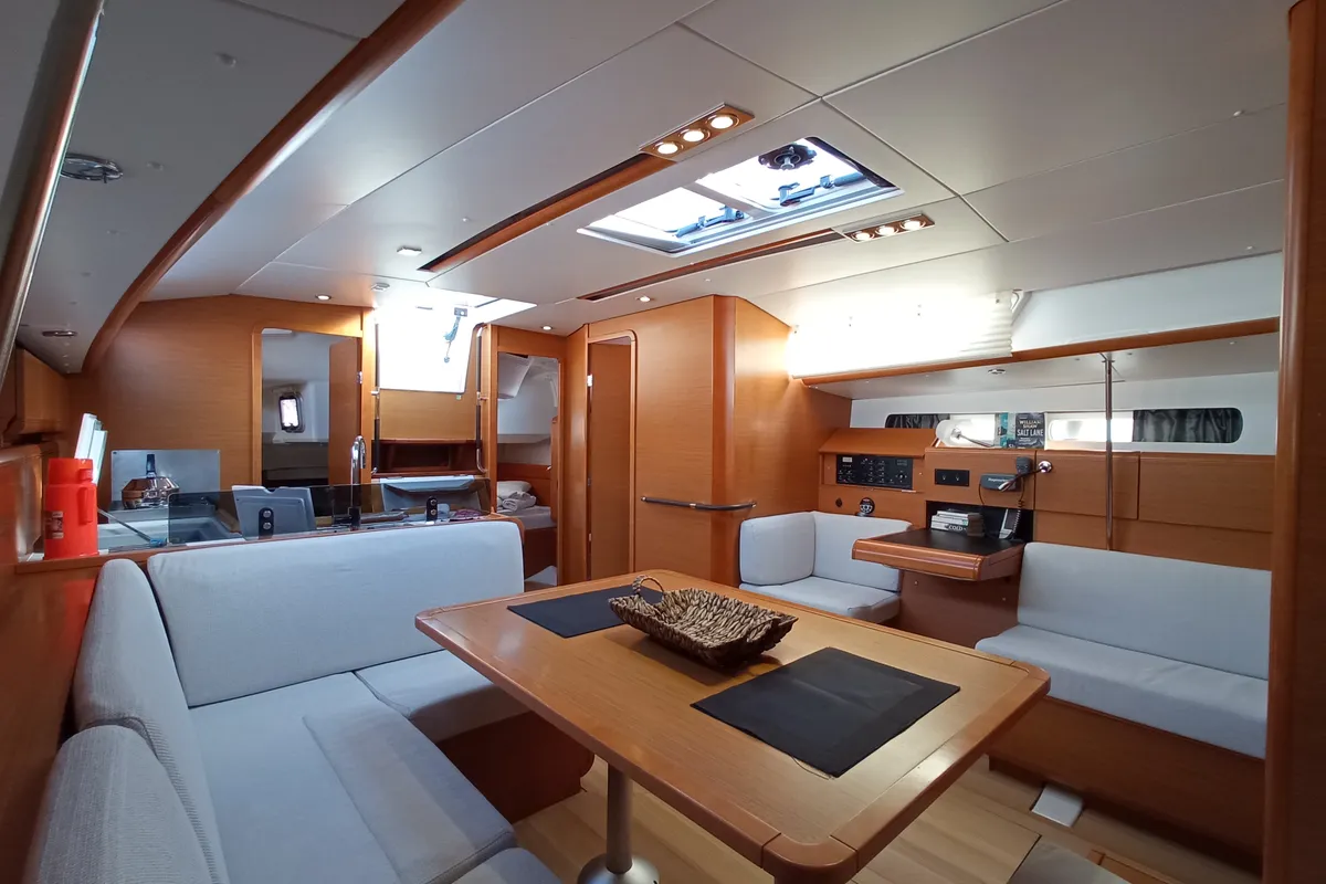 Salon of AF-SO439, a Jeanneau Sun Odyssey 439 sailboat at Municipal Unit of Lefkada, Greece
