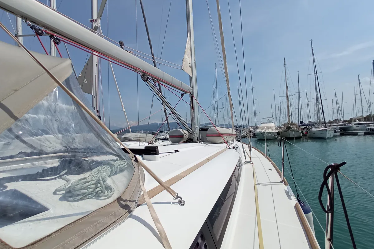 Deck of AF-SO439, a Jeanneau Sun Odyssey 439 sailboat at Municipal Unit of Lefkada, Greece