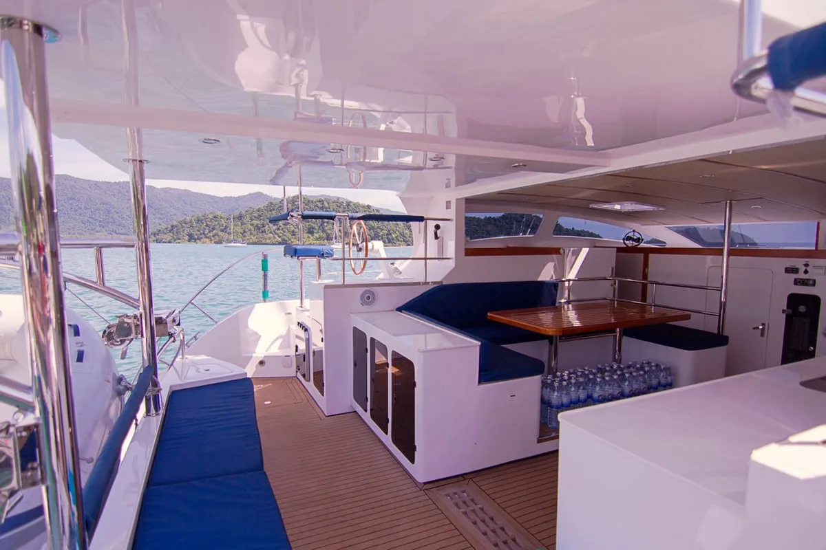 Deck of Sunrise, a Island Spirit 38 catamaran at Baan Salak Phet, Thailand