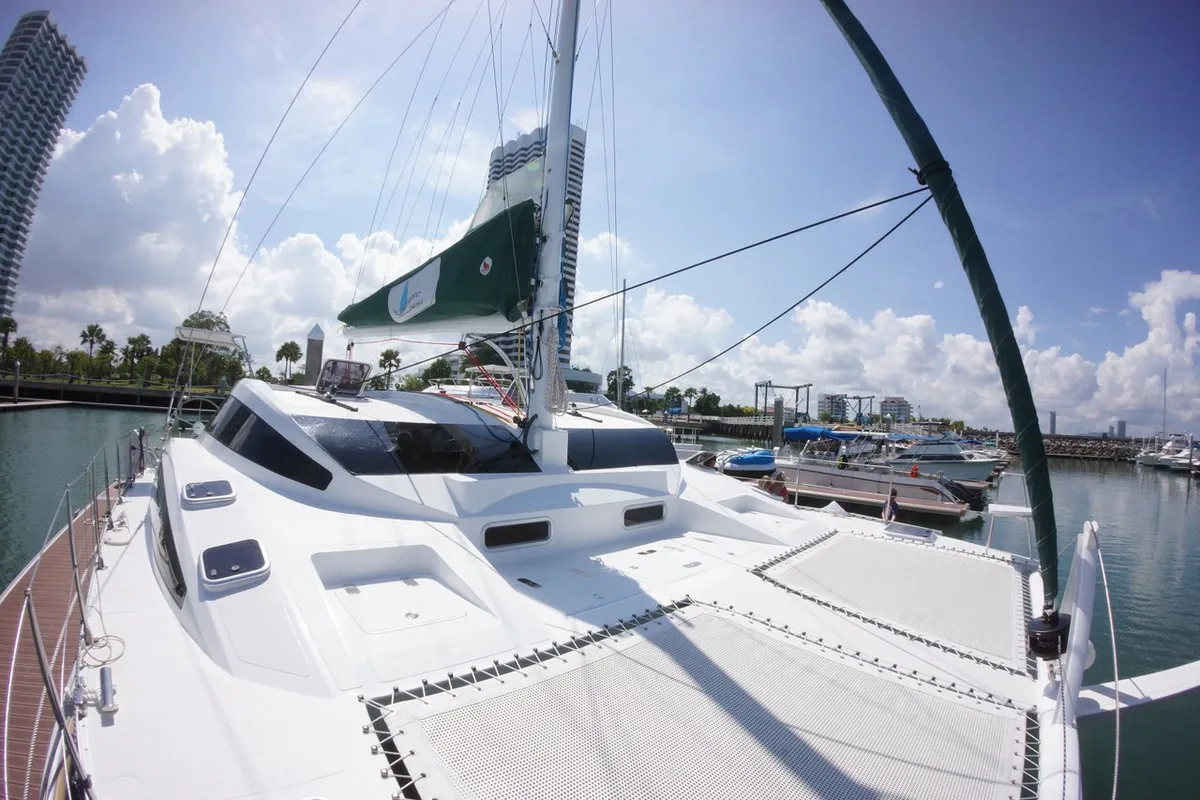 Deck of Sunrise, a Island Spirit 38 catamaran at Baan Salak Phet, Thailand