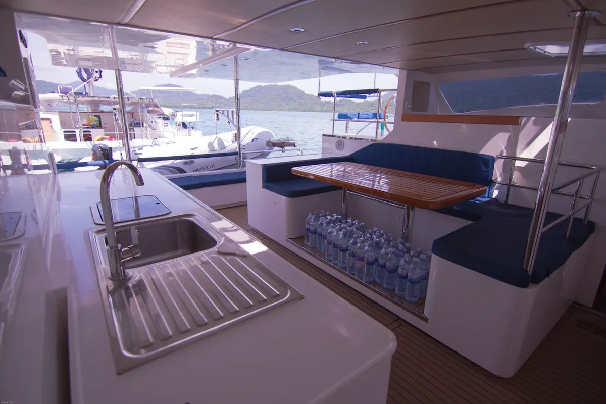 Deck of Sunrise, a Island Spirit 38 catamaran at Baan Salak Phet, Thailand