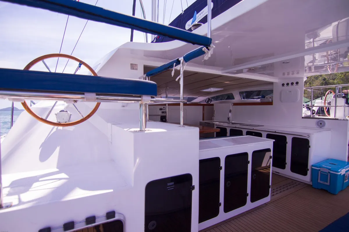 Deck of Sunrise, a Island Spirit 38 catamaran at Baan Salak Phet, Thailand