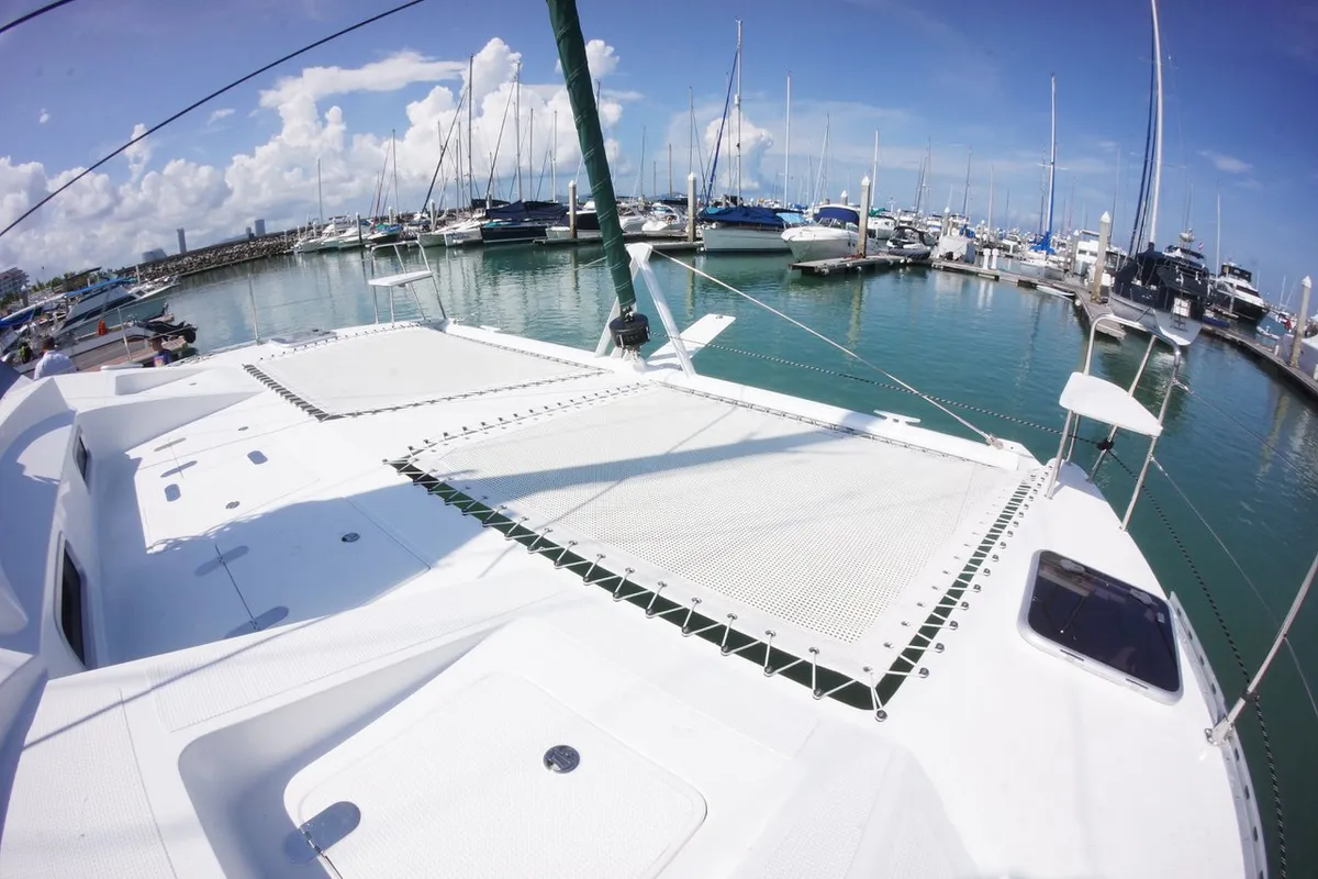 Deck of Sunrise, a Island Spirit 38 catamaran at Baan Salak Phet, Thailand