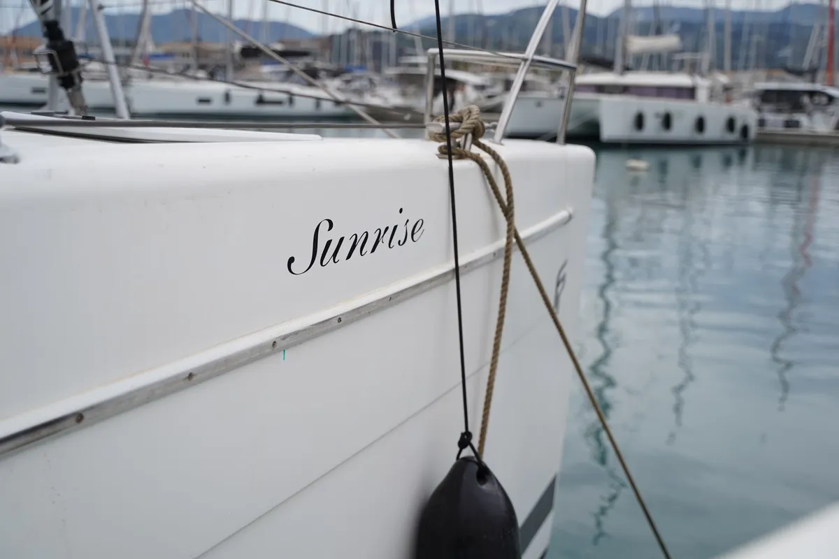 Exterior view of SUNRISE, a Fountaine Pajot Helia 44 catamaran at Municipal Unit of Lefkada, Greece
