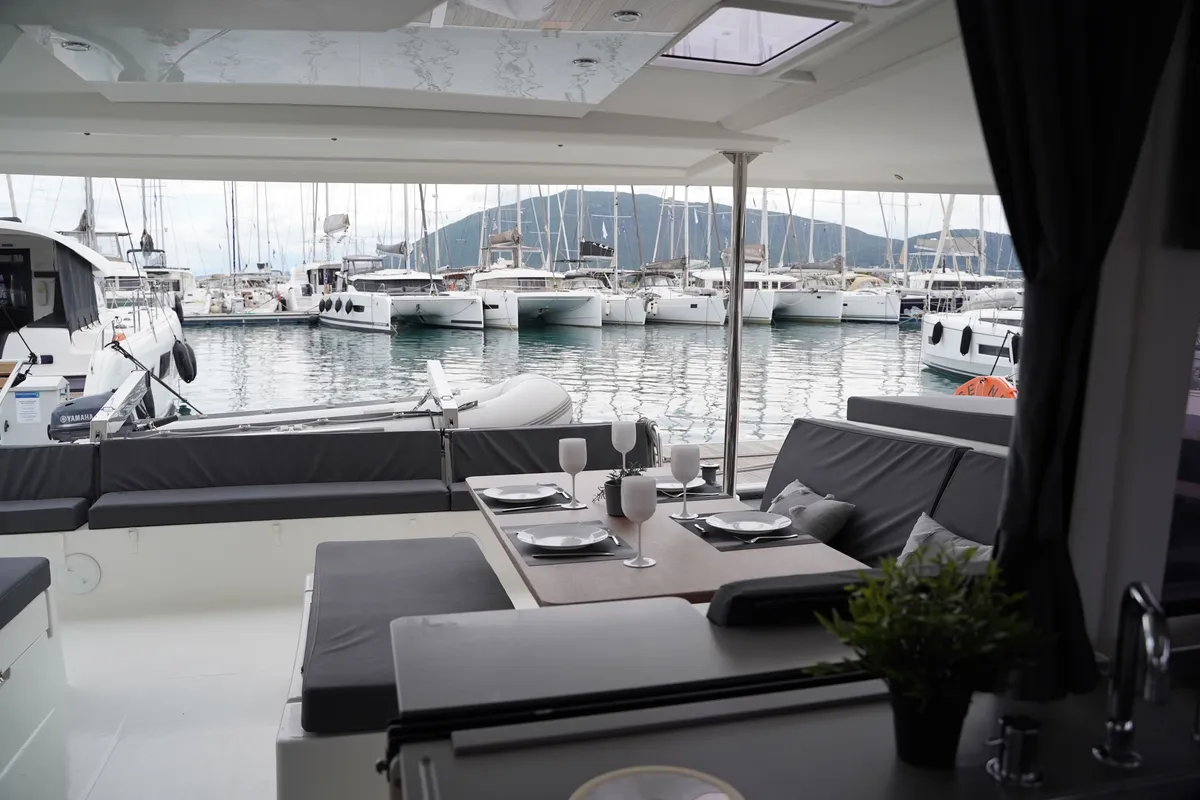 Deck of SUNRISE, a Fountaine Pajot Helia 44 catamaran at Municipal Unit of Lefkada, Greece