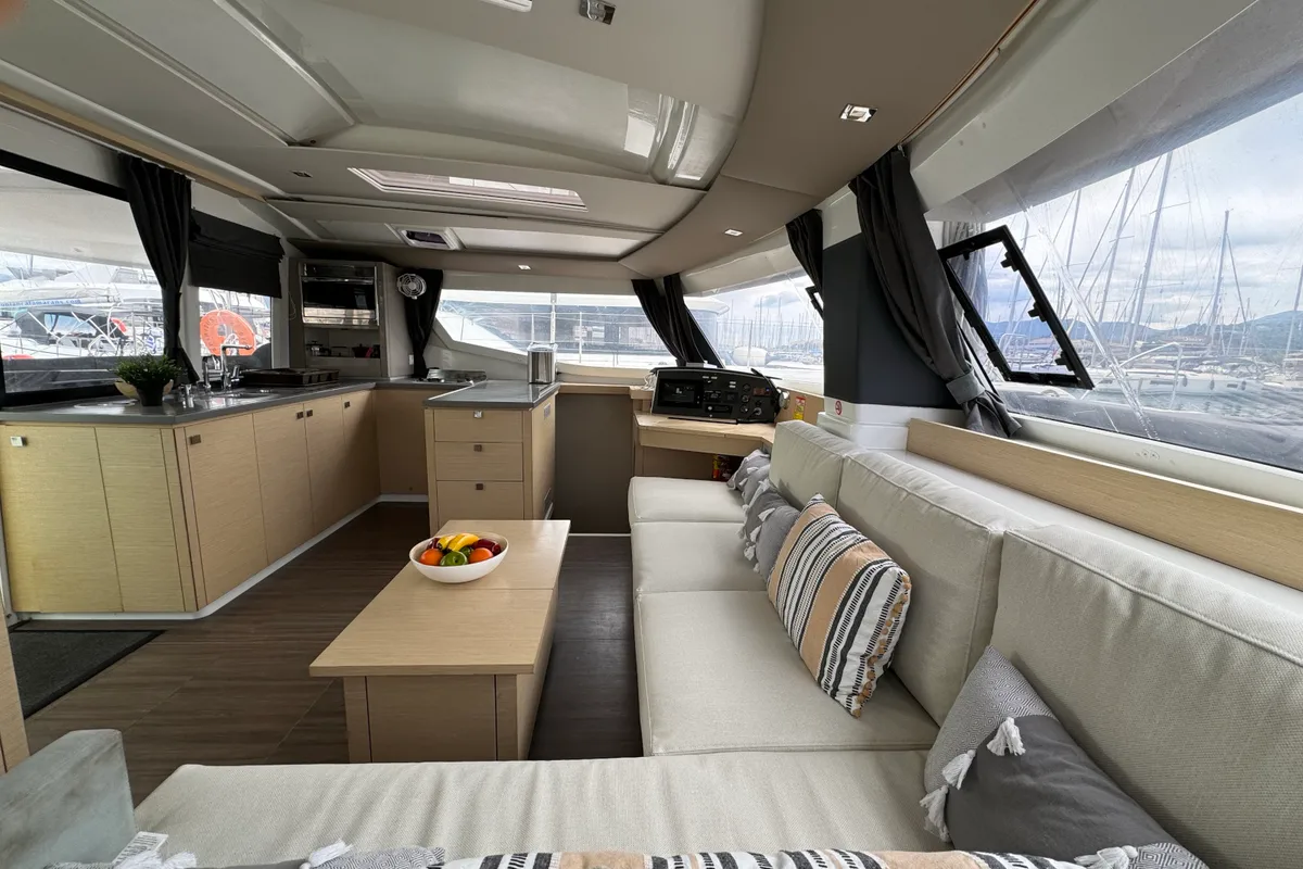 Salon of SUNRISE, a Fountaine Pajot Helia 44 catamaran at Municipal Unit of Lefkada, Greece