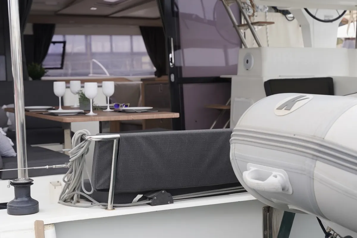 Deck of SUNRISE, a Fountaine Pajot Helia 44 catamaran at Municipal Unit of Lefkada, Greece