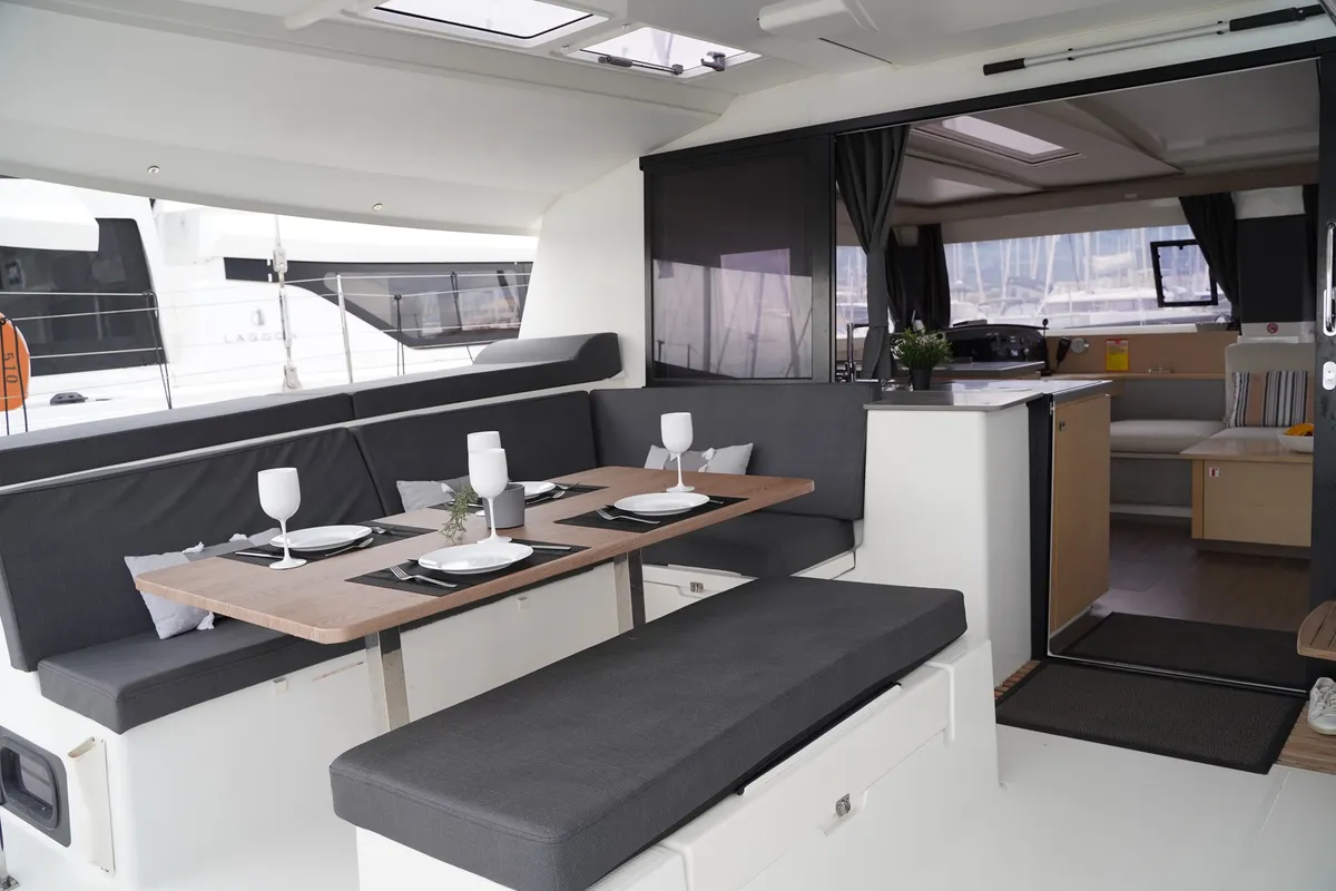 Deck of SUNRISE, a Fountaine Pajot Helia 44 catamaran at Municipal Unit of Lefkada, Greece